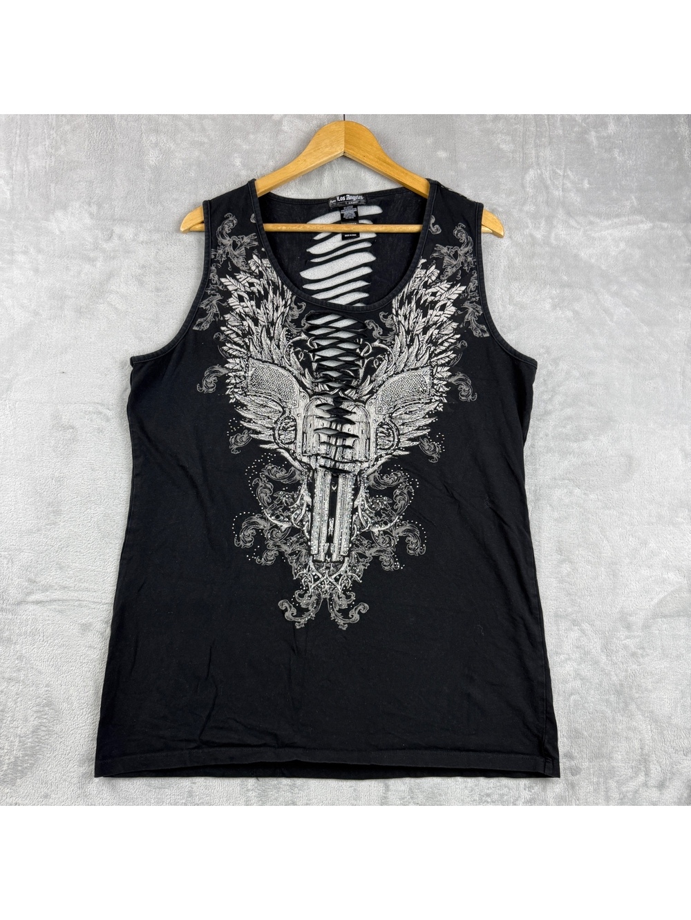 Y2K Los Angeles Bus Stop 3X Black Graphic Tank Top Wings Guns Rhinestone Cutout